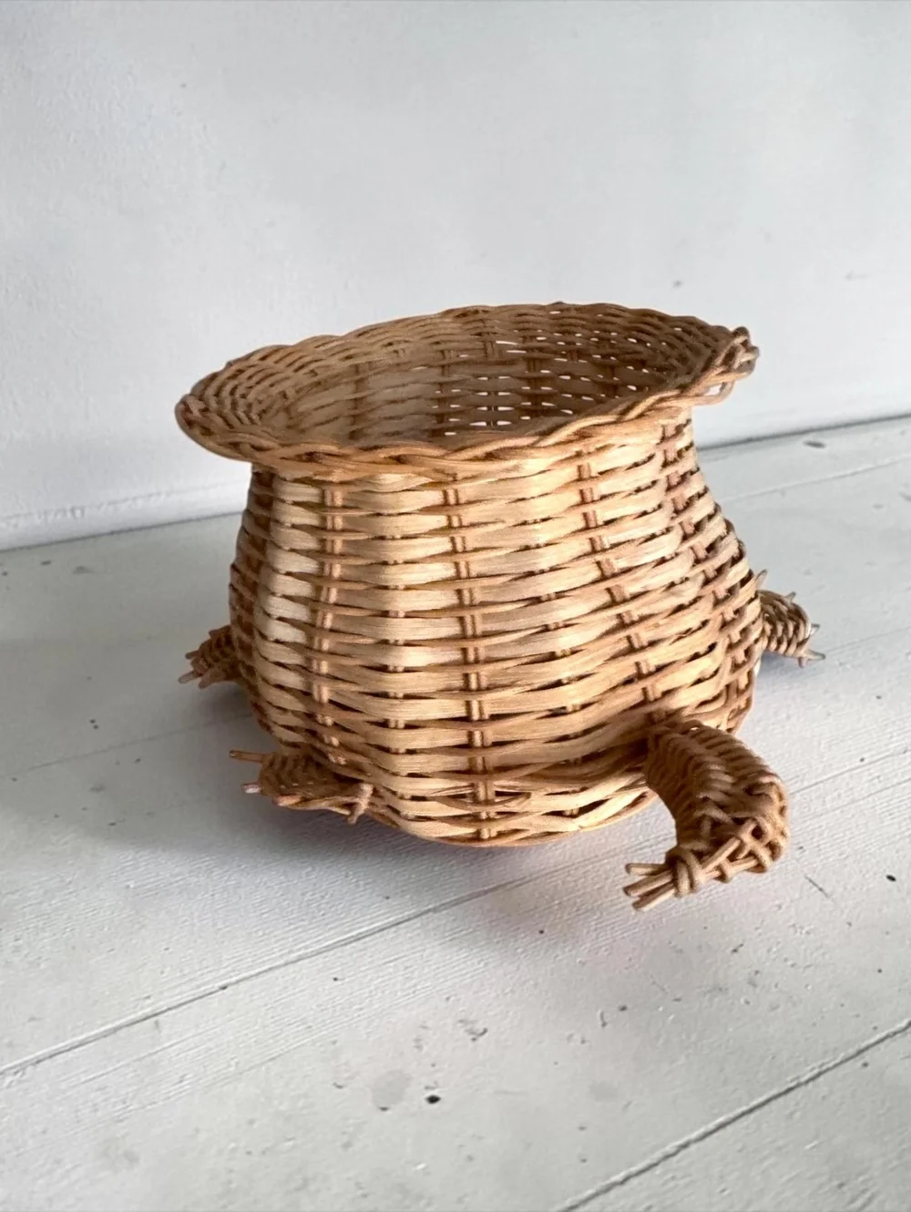 Vintage Wicker Turtle Basket with Black Bead Eyes, Mid-Century Handmade Rattan